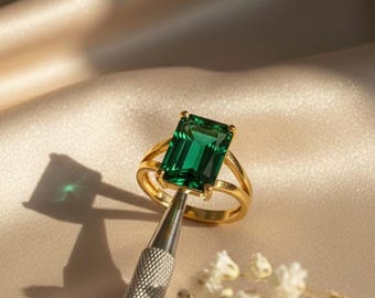 Emerald Cut Green Gemstone Ring | Gold Plated Sterling Silver