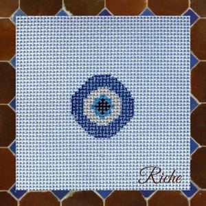 Evil Eye Needlepoint Canvas – Hand-Painted 13 Mesh 5x5 Protection Amulet Beginner Stitch Project – Ornament, Patch, or Bag Charm