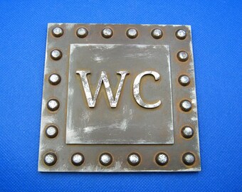 Toilet, bathroom door sign, plate - WC - old style with rivets - resin reproduction