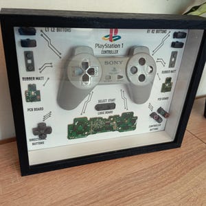 May include: A framed display featuring a PlayStation 1 controller and its components. The gray controller is centered, with labels for buttons and internal parts. The frame is black, and the background is white, with the PlayStation logo visible.