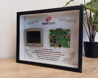 Disassembled TomTom One navigation device in the Frame, teardown shadowbox, diorama, wall art, Deconstructed Art. Recycled Tech Décor