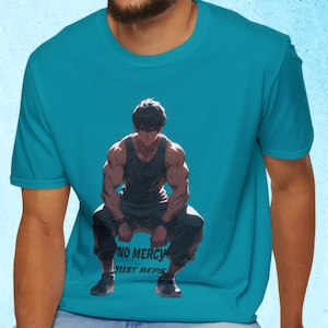 No Mercy Just Reps Gym Shirt | Anime Fitness T Shirt | Bodybuilder Otaku Tee | Workout Motivation Gymwear | Muscular Anime Character