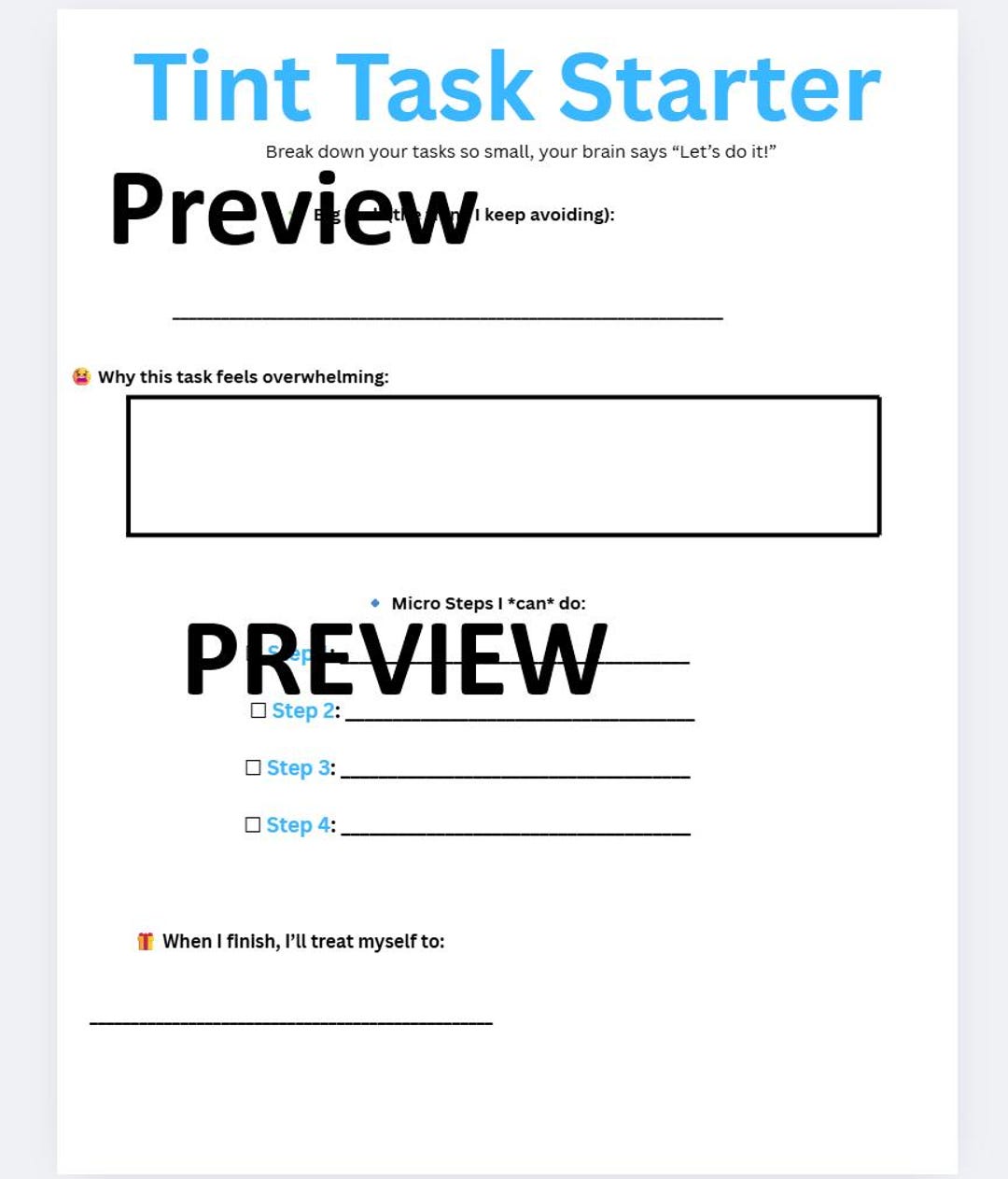 ADHD Tiny Task Starter Worksheet-task Initiation Printable Micro Step ...
