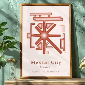 Mexico City Map Print — Terracotta Red Brutalist Poster | Modern Minimalist Digital Wall Art