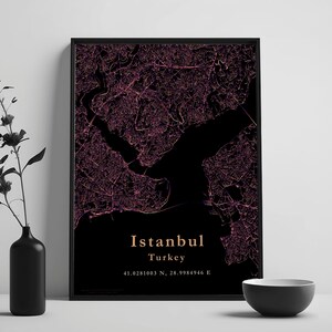 May include: A framed map print of Istanbul, Turkey, in shades of pink and black. The city map is detailed, with the city name and coordinates displayed in a gold font. A black vase with a plant and a small black bowl are in the foreground.
