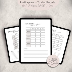 Familien Wochenplaner ドラックバー |家族向けのウォッヘンプラン 2 ～ 5 人用 | Canva Vorlage 編集バー |デジタラーのダウンロード
