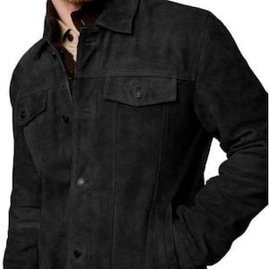 Men's Vintage Suede Trucker Jacket, Genuine Suede Leather Jacket , Black Western Style Suede Jacket, Perfect Gift for Him