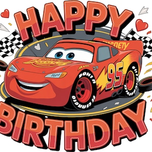 Op de afbeelding: Een cartoonafbeelding met een rode raceauto met het nummer 95, de tekst "HAPPY BIRTHDAY" en geblokte vlaggen. De auto heeft blauwe ogen en een lachend gezicht, met het woord "Piston Cup" op de motorkap.