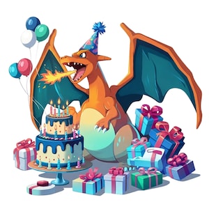 May include: A digital illustration of a Charizard wearing a party hat, exhaling fire, and celebrating a birthday. A two-tiered cake with lit candles, balloons, and wrapped gifts are also present.