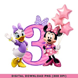 May include: A digital download PNG image featuring Daisy Duck and Minnie Mouse. Daisy Duck is wearing a purple outfit and Minnie Mouse is wearing a pink polka dot dress. A large pink number 3 is in the background, with pink star-shaped balloons.