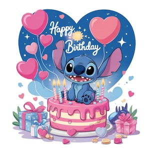 May include: A cartoon illustration featuring a blue character sitting atop a pink birthday cake with lit candles. Pink heart-shaped balloons float in the background, with the words "Happy Birthday" written above. Gift boxes and heart-shaped candies complete the festive scene.
