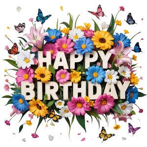 Birthday Flowers and Butterflies Printable, Elegant Happy Birthday Digital Download