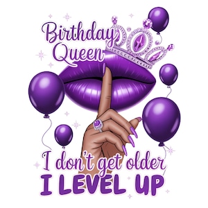 Fioletowa Królowa Urodzin PNG – Projekt „I Level Up”, Clipart Urodzinowej Dziewczyny (Pobieranie Cyfrowe)