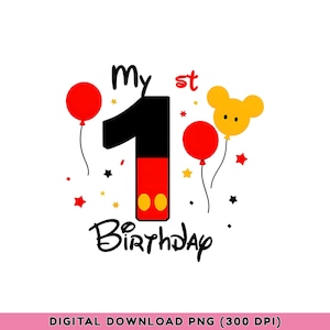 May include: A digital graphic for a first birthday celebration. The design features a large number one in black and red, with yellow accents. Red balloons, stars, and the words "My 1st Birthday" complete the design. The image is on a white background.