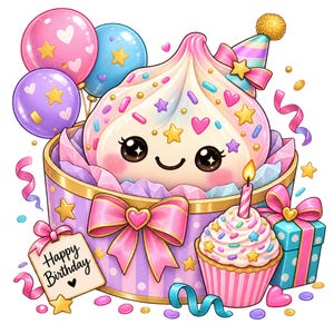 Peut inclure: Un personnage crème souriant aux joues roses est assis dans une boîte cadeau violette ornée d'un grand nœud rose. La scène comprend des ballons colorés, un cupcake avec une bougie allumée, un cadeau et une étiquette Happy Birthday.