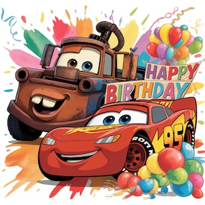 Op de afbeelding: Illustratie van twee cartoonauto's, een rode en een bruine, met de tekst "HAPPY BIRTHDAY" op een banner. Kleurrijke ballonnen en verfspatten versieren de achtergrond, wat een feestelijk verjaardagsthema creëert.