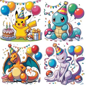 Pokemon Birthday PNG Bundle (4-Pack) – Pikachu, Charizard, Squirtle & Mewtwo Sublimation Designs,