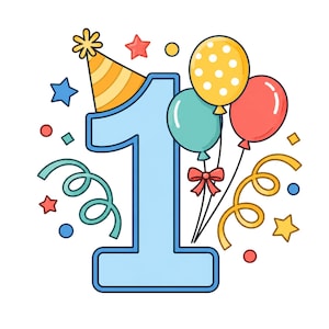 Può includere: Un grafico del numero uno in azzurro con un cappellino da festa a righe gialle, un palloncino giallo a pois, un palloncino verde acqua e un palloncino rosso. Il design include nastri arricciati rossi e gialli, piccole stelle e cerchi colorati.