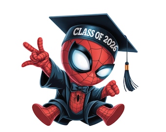 Spiderman Graduation PNG – Class of 2026 Cartoon Clipart (Digital Download)