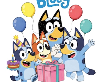 Bluey Birthday PNG, Family Party Clipart, Cake & Balloons Design, Birthday Shirt Print, Instant Download.