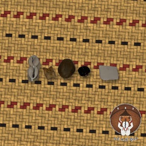 May include: A collection of five small objects including a light gray cowrie shell, a textured tan stone, a smooth dark brown oval stone, a small black bead, and a flat gray rectangular piece, with a circular logo featuring the text ILE AJE OLA.
