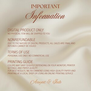 May include: A digital product information sheet with text in a brown script font on a cream-colored background. The text includes "IMPORTANT Information", "DIGITAL PRODUCT ONLY", "NONREFUNDABLE", "TERMS OF USE", and "PRINTING GUIDE". The shop name "Aayat & Juk" is at the bottom.
