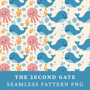 Ocean Friends Seamless Pattern Bundle PNG – Cute Whale & Jellyfish Digital Download, Transparent Background