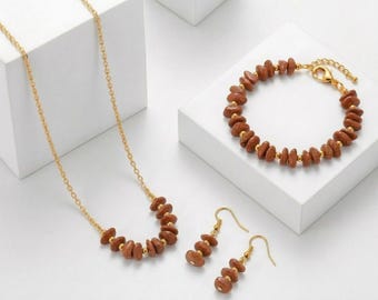 Sieradenset van goudsteen – ketting, oorbellen, armband – glitterkristal Cadeau voor dames