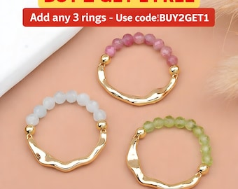 Gemstone Bead Ring, Gold Plated Stackable Stretch Ring, Dainty Beaded Ring, Minimalist Stacking Ring, Gift for Her, Crystal Ring