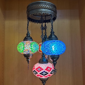 Handmade 4-Lamp Turkish Mosaic Chandelier | Large Hanging Ceiling Light | Boho Moroccan Lighting | Colorful Glass Statement Lamp