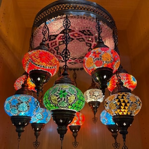 Handmade 12-Lamp Turkish Mosaic Chandelier | Large Hanging Ceiling Light | Boho Moroccan Lighting | Colorful Glass Statement Lamp
