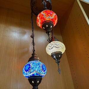 Handmade 3-Lamp Turkish Mosaic Chandelier | Large Hanging Ceiling Light | Boho Moroccan Lighting | Colorful Glass Statement Lamp