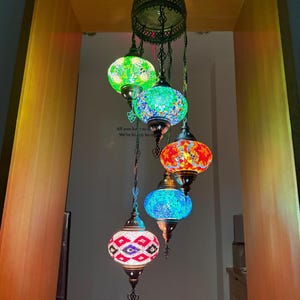 Handmade 5-Lamp Turkish Mosaic Chandelier | Large Hanging Ceiling Light | Boho Moroccan Lighting | Colorful Glass Statement Lamp