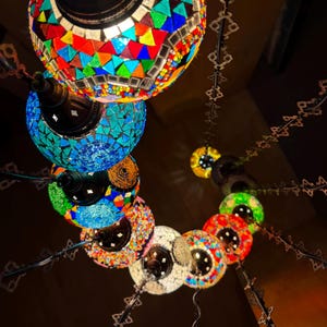 Handmade 11-Lamp Turkish Mosaic Chandelier | Large Hanging Ceiling Light | Boho Moroccan Lighting | Colorful Glass Statement Lamp