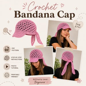 Peut inclure: Un bonnet bandana en crochet rose avec un motif à mailles ouvertes texturé et une visière pleine. Le design comprend de longs liens latéraux pour attacher le bonnet. L'image affiche le texte Crochet Bandana Cap, PDF Pattern, Step-by-Step Instructions, Photo Tutorial, Printable Friendly, Easy & Fun, et Difficulty level: Beginner.