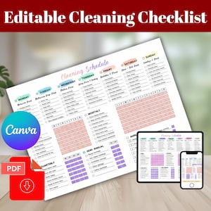 May include: A printable cleaning checklist with the text "Editable Cleaning Checklist" at the top. The checklist is designed with sections for each day of the week, monthly, semi-annual, and quarterly tasks. A tablet and smartphone display the checklist.
