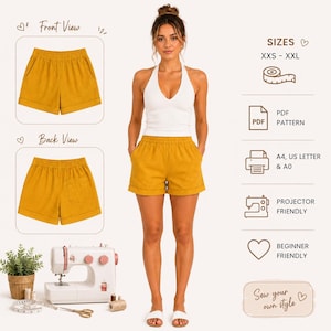 May include: A digital sewing pattern for mustard yellow shorts with an elastic waistband, side pockets, and cuffed hems. The image displays front and back views, size range XXS-XXL, and icons for PDF pattern, A4, US Letter, A0, projector, and beginner friendly.