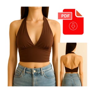 May include: A brown halter top with a deep V-neck. The top is a solid colour and appears to be made of a smooth fabric. The image also includes a PDF icon.