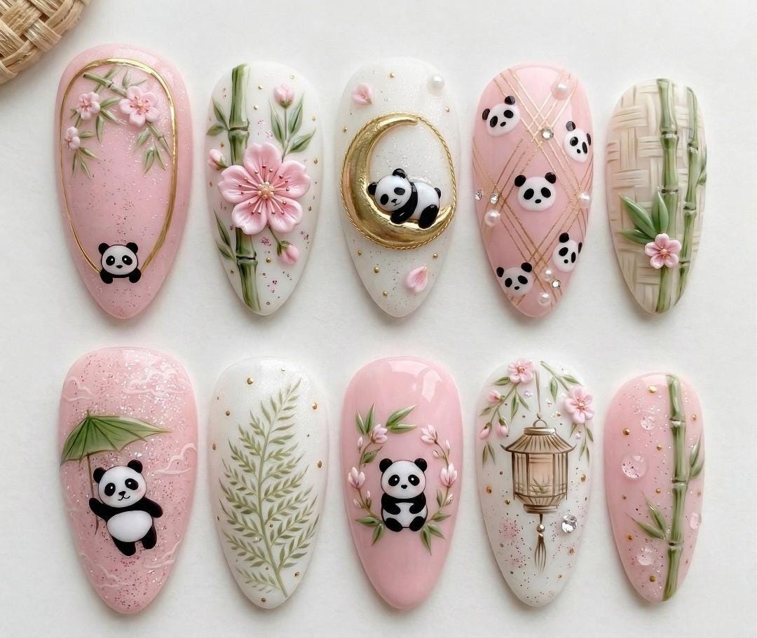 3D Panda Kawaii Press on Nails, Pink Cherry Blossom Fake Nails, Bamboo ...