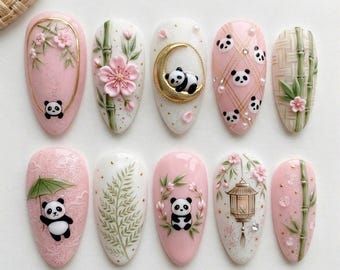 3D Panda Kawaii Press On Nails, Pink Cherry Blossom Fake Nails, Bamboo Asian Oriental False Nails, Cute Animal Nail Art