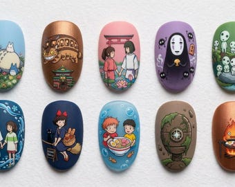 Hand Painted Anime Movie Press On Nails | Matte Japanese Animation Nail Art | Forest Spirit & Magic Witch Fake Nails | Kawaii Cartoon Gift