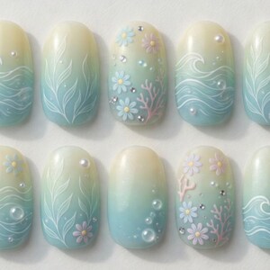 Mermaidcore Beach Press On Nails | Pastel Ocean Wave Fake Nails | 3D Water Drop Floral Art | Custom Handmade Glue On Nails