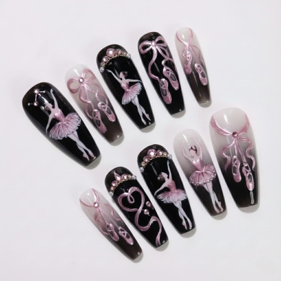 Balletcore Press on Nails | Black and White Ombre Coffin Nails | Luxury ...