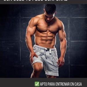 May include: Image of a muscular person in gray shorts. The text reads "4 Weeks to Transform Your Body" and "Build Strength and Definition with Just Your Body Weight." Additional text indicates home workouts, video inclusion, and a weekly plan.