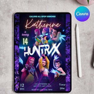 Editable Kpop Demon Birthday Invitation, Canva Template, Kpop Girl Group Invite, Digital Download, Huntrix Birthday Invite for Kids Girls