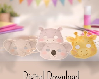 Plantilla de máscara de animal para niños | Máscaras imprimibles | Manualidades para fiestas infantiles | Descargar PDF