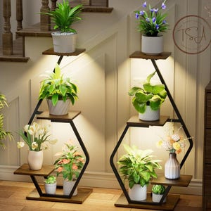 May include: Two black metal and wood plant stands with multiple shelves, each holding potted plants. The stands have a geometric design and are illuminated by spotlights. Various plants and flowers in white pots are displayed on the shelves.