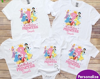 Maglietta per il 1°, 2°, 3°, 4° e 5° compleanno, maglietta per il compleanno della principessa, maglietta per il compleanno Disney, maglietta con nome personalizzato, maglietta per l'amante della principessa, maglietta per l'amica della principessa