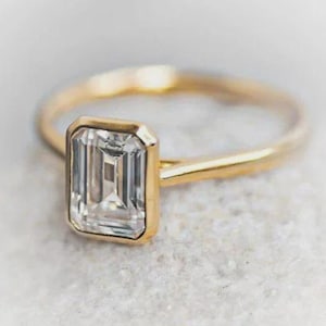 2 CT Emerald Cut Moissanite Bezel Set Engagement Ring, Emerald Cut Solitaire Ring, Bezel Set Wedding Ring, 14K Solid Gold Rings for Women