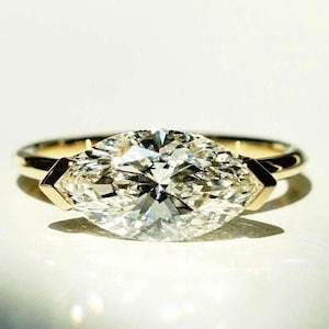 East West Marquise Cut Lab Grown Diamond Half Bezel Solitaire Engagement Ring, 14K Yellow Gold Dainty Wedding Ring, Unique Proposal Ring